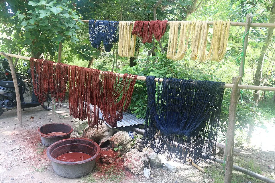 Proses pewarnaan benang tenun dengan warna alam